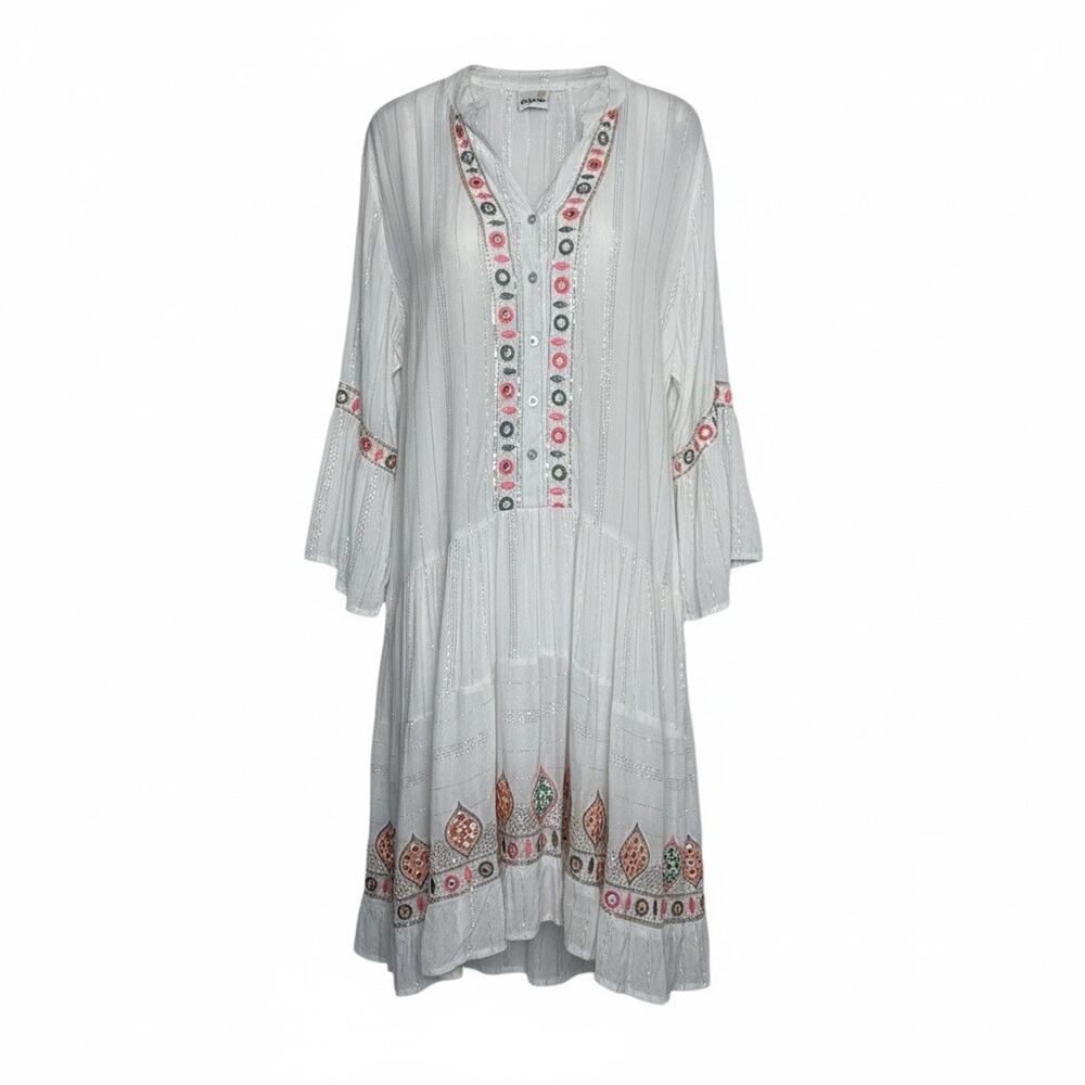 Siya NWT Mirror Work Embroidered Boho Tunic Dress White Shimmer Viscose One Size